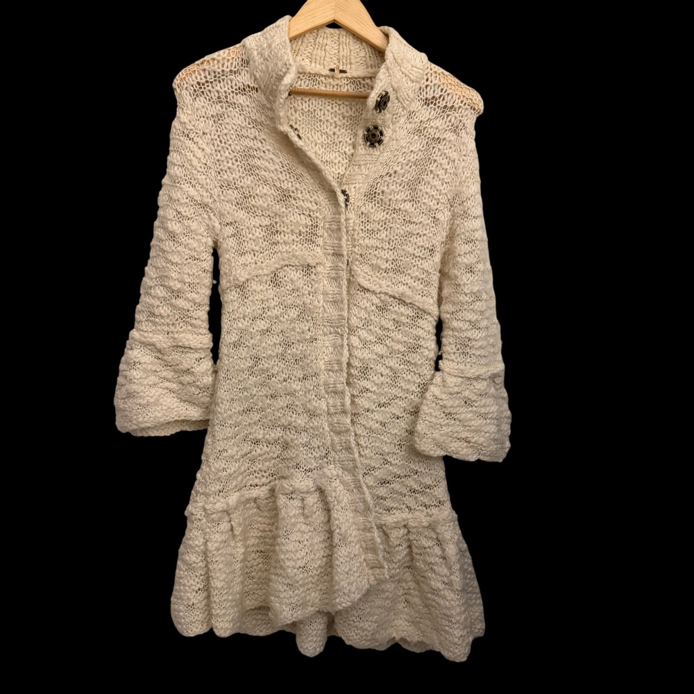 Free People Cardigan Sweater Womens Small Ivory Excellent Wool Blend Ruffle Hem